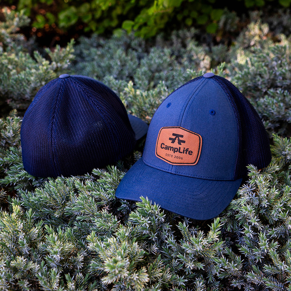 Navy Flexfit Fitted Camping Trucker Cap with Faux Leather Patch