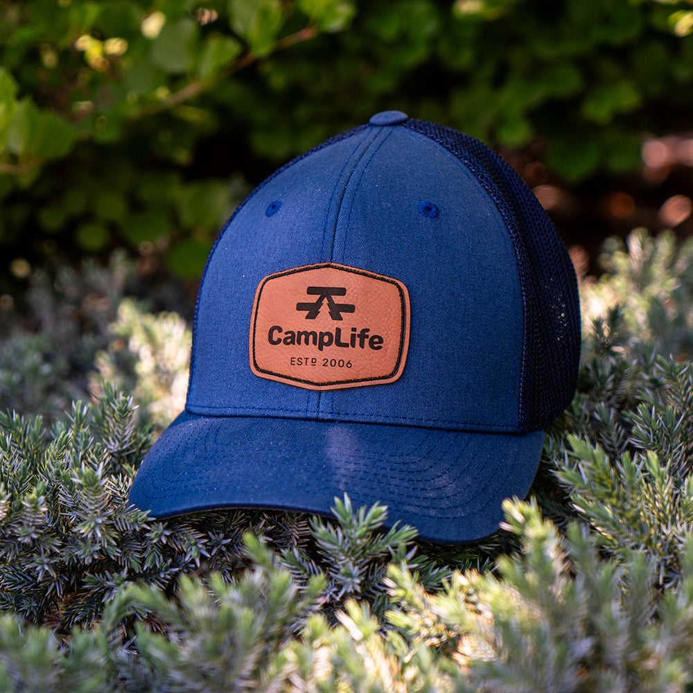 Navy Flexfit Fitted Camping Trucker Cap with Faux Leather Patch