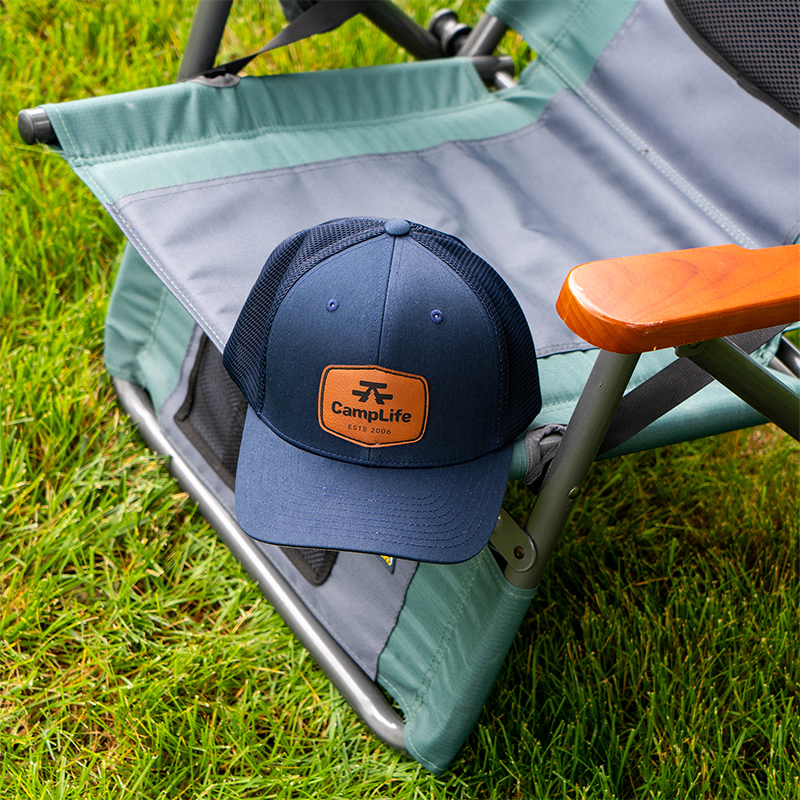 Navy Flexfit Snapback Camping Trucker Cap with Faux Leather Patch