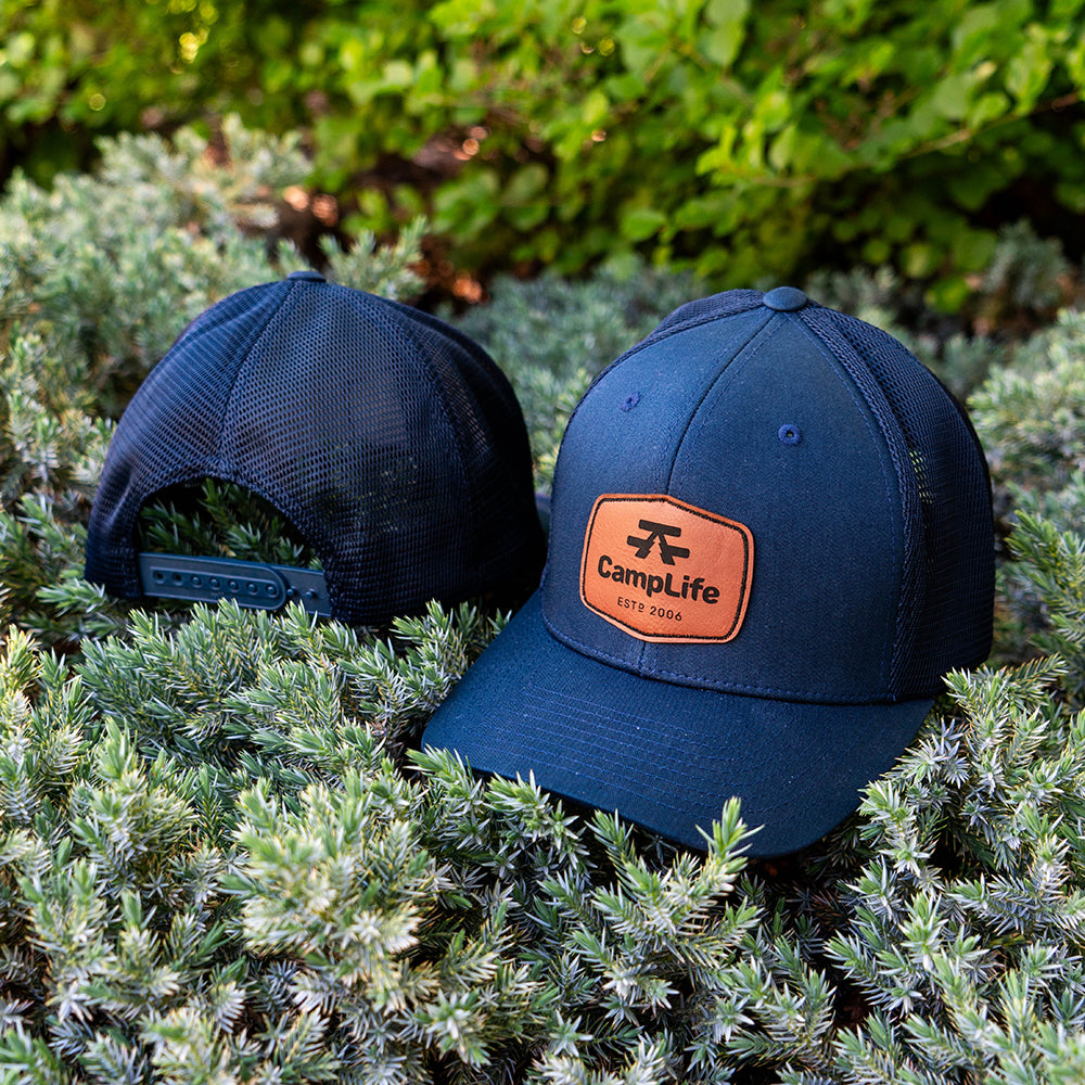 Navy Flexfit Snapback Camping Trucker Cap with Faux Leather Patch