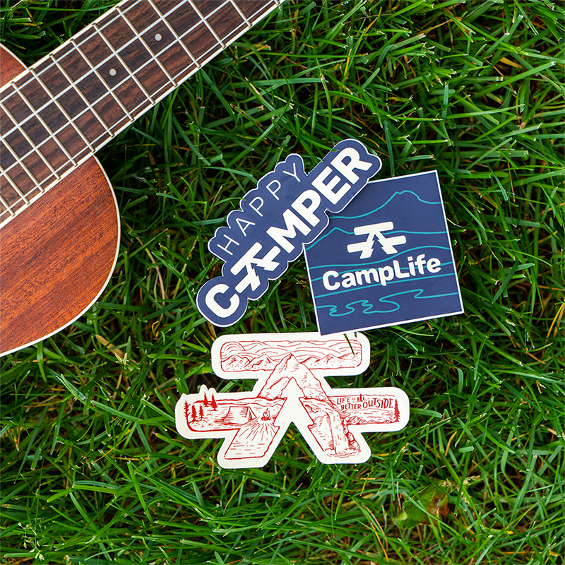 Blue and Tan Camping Stickers for Indoor or Outdoor Use